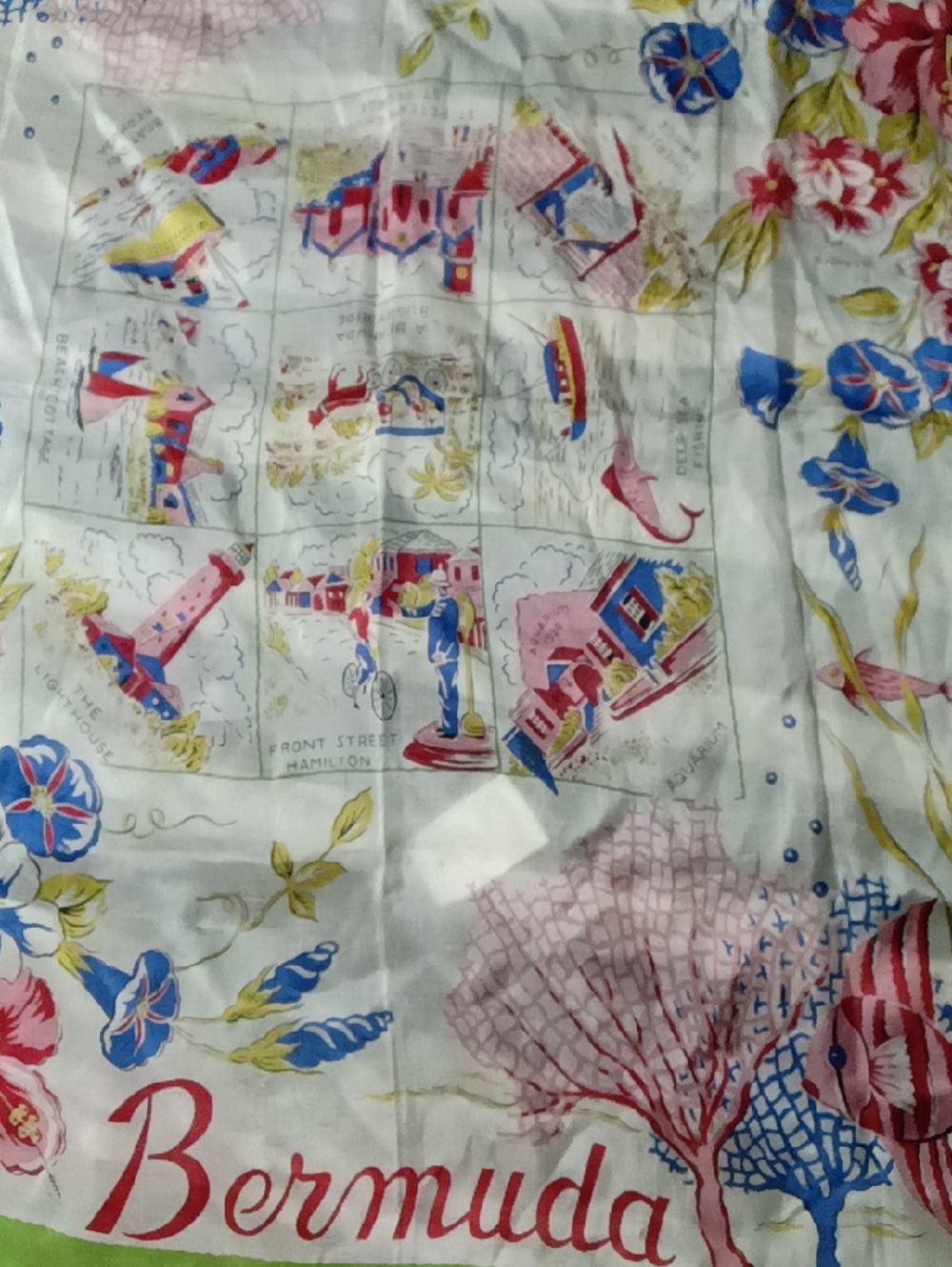 Bermuda Scenic Silk-Feel Scarf - Red, Blue, Yellow Floral Print